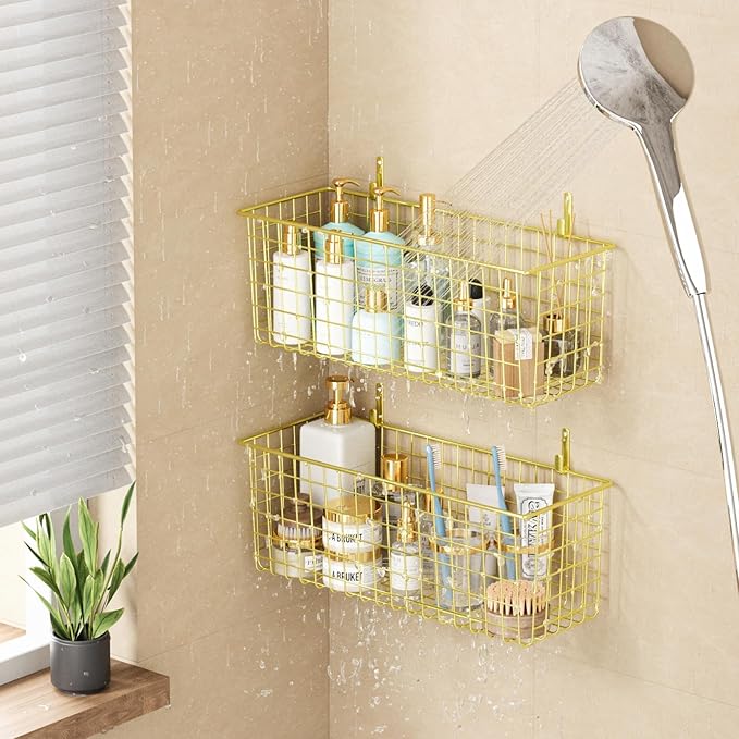 2 Sets Extra Large Hanging Wall Basket, Gold Metal Wire Baskets with Steel Hooks for Organizing, WallmountedFruit Vegetable Toy Snack Storage, Home Kitchen Bathroom Laundry Pantry Organizer