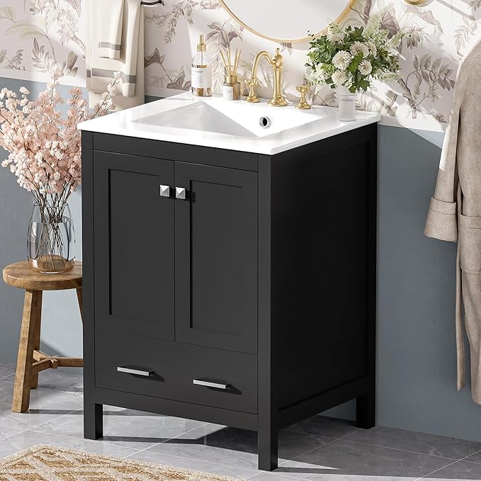 Bellemave 24" Bathroom Vanity with Sink Combo Set, Solid Wood Frame Bathroom Storage Cabinet with a Drawer, 2 Soft Closing Cabinet Doors with Organizer, Black