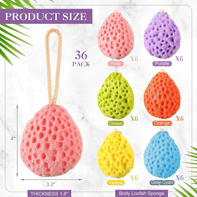 36 Pcs Bath Sponge Deep Cleansing Body Loofah Gentle and Deep Exfoliating Body Scrubber Bath Accessories Men Women Baby Sponge for Bathing Shower (Multicolor)