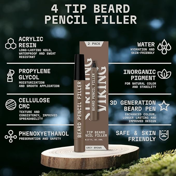 Striking Viking 2 Pack Beard Pencil Filler for Men, Grey Brown (Grey) - Contour, Fill, & Define Your Beard with 3rd Generation Long Lasting Waterproof Beard Pen Kit Including Brush