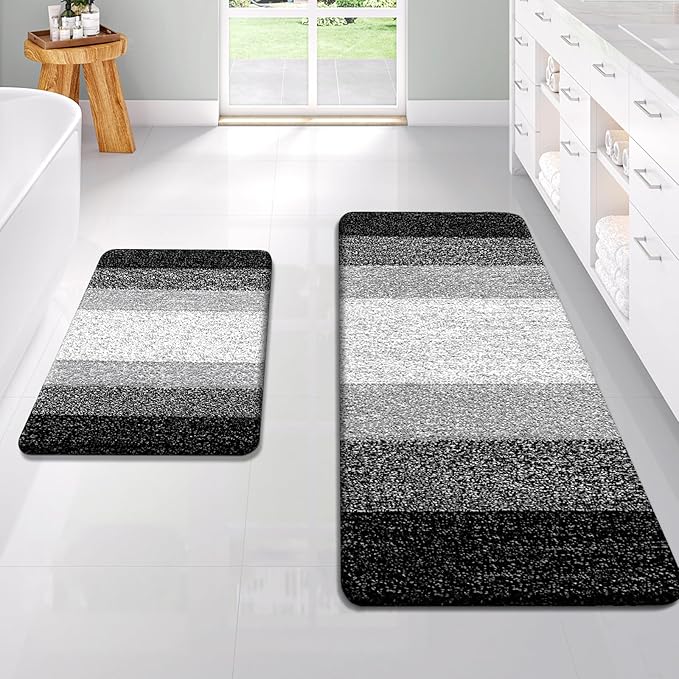 OLANLY Bathroom Rug Set 2 Piece, Soft Absorbent Microfiber Bath Rug Set, Non-Slip, Machine Wash Dry, Plush Shaggy Bath Mats for Bathroom (47"x20"+24"x16", Black)