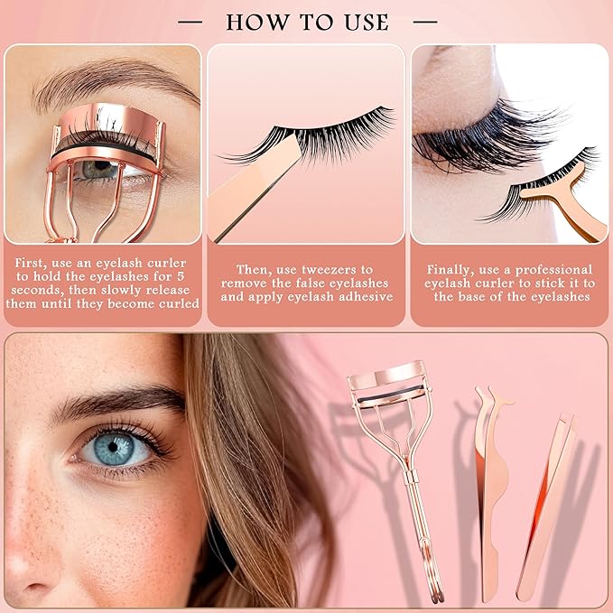 3-in-1 Professional Eyelash Curler Kit – Salon-Perfect Lashes at Home!Includes: Eyelash Curler (w/Replacement Pad), Eyebrow Tweezers & Curved Applicator Toolr – Travel-Friendly & Pain-Free (Rosegold)