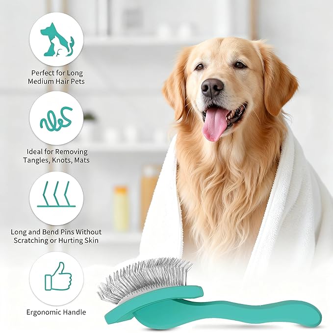 Slicker Brush for Dogs, Large Dog Brush to Long Haired Dogs for Poodles Doodles Goldendoodles Bernedoodles, Long Pin Grooming Kits to Dematting & Reducing Tangles and Fluff, Green