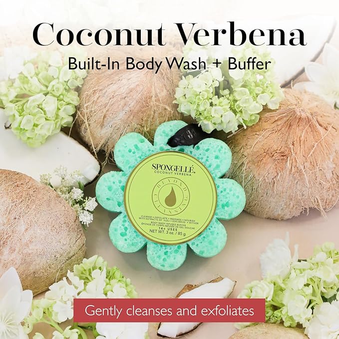 Spongellé Coconut Verbena Wild Flower Bath Sponge | Built-in Body Wash & Body Scrubber, Shower Loofah Sponge for Women | 14+ uses