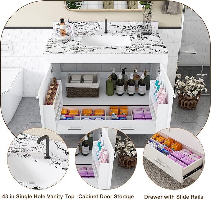 Montary 42" Bathroom Vanity with 43" Artificial Marble Black White Top, Modern Stylish MDF Bathroom Storage Cabinet, Vanity Set with 2 Doors and One Large Divided Drawer, White (Single Hole)