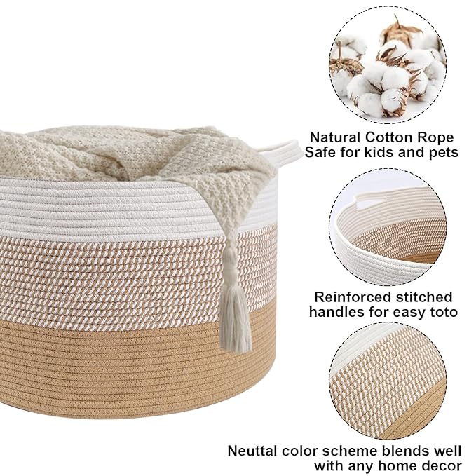 90L Large Blanket Basket,21.7"L x 21.7"W x 13.8"H Rope Woven Baskets with Handles, Toys Storage Bins,Laundry Basket Perfect for Living Room, Nursery,Bedroom,Home Organization,Yellow