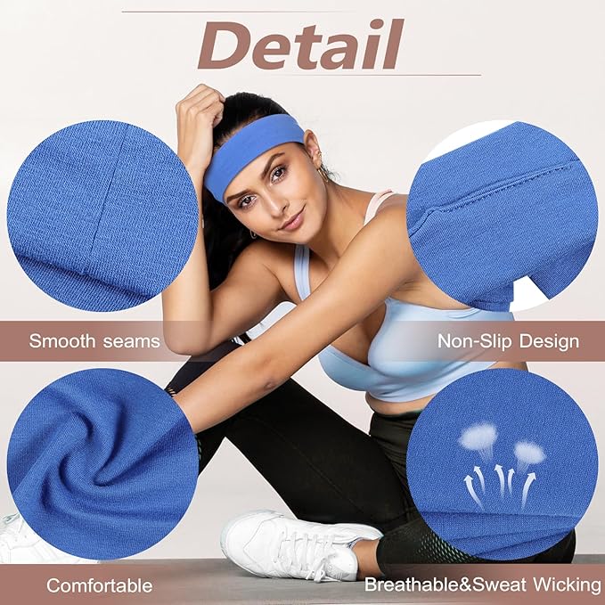 Headbands for Women, Stretchy Non Slip Soft Cotton Cloth Hair Bands for Sports, Workout, Yoga and Running, 7pcs