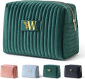 COSHAYSOO Travel Makeup Bag Quilted Make Up Pouch Initial Velvet Cosmetic Case with Butterfly Decorations for Women Cosmetics Complexion Skincare Products Tools Accessories Organizer Green Letter W
