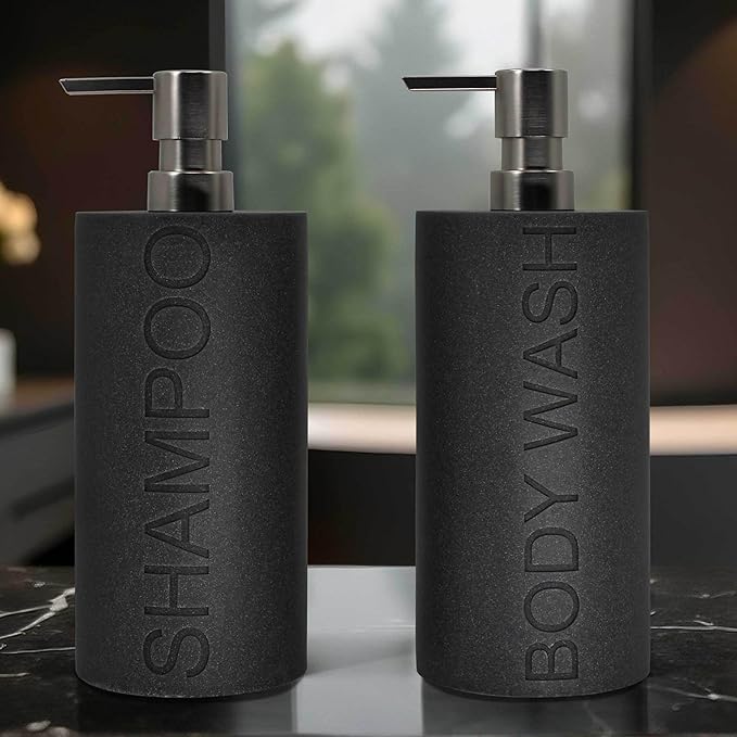Resin 2 Pack Shampoo, Conditioner or Body Wash Dispenser Set, Luxurious Refillable Pump Bottles with Matte Pump Top and Embossed Text, Durable Design for Bathroom and Shower