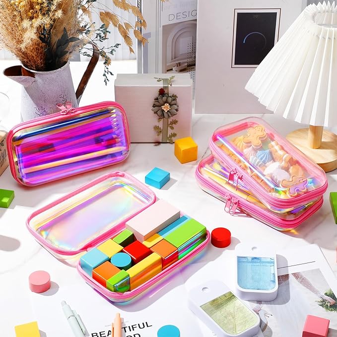 Hoolerry 4 Pcs Hard Clear Zipper Case Makeup Bags Plastic Zipper Pouch Transparent Storage Box Containers for Cosmetics, Snacks, Building Blocks, Puzzles(Clear,7.5 x 3.9 x 2 in,Pink Laser)