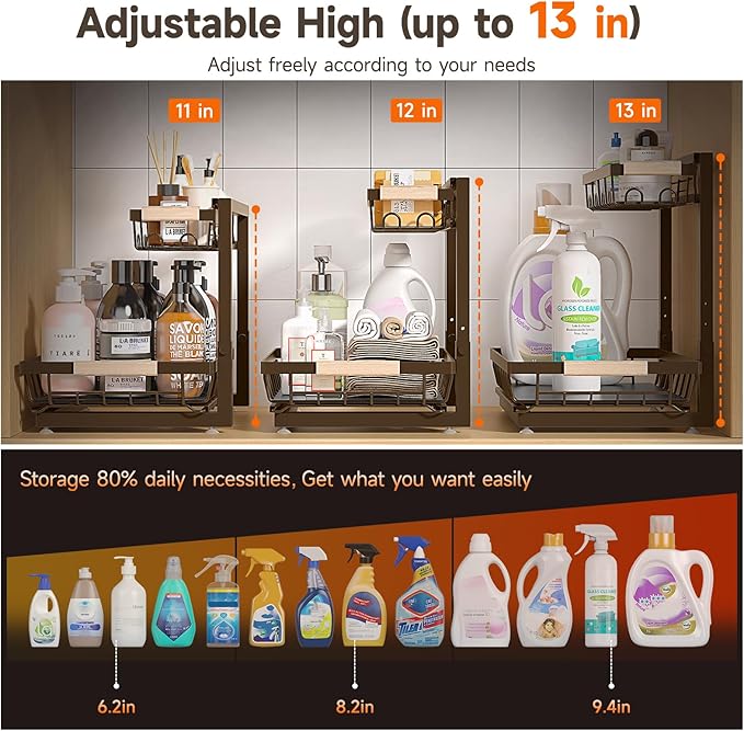 2 Packs Under Sink Organizer, Height Adjustable 2 Tier Under Kitchen Sink Organizer, Multi-Purpose Storage Shelf for Kitchen Bathroom Cabinet (Brown, Extra Large)
