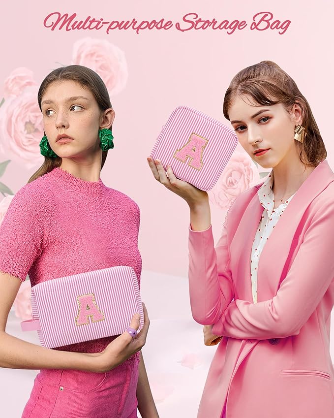 MONSTINA Initial Period Bag Sanitary Napkin Storage Bag Tampon Pouch Portable Feminine Care First Period Kit for Teen Girls Women Gift for Her Cute Toiletry Bag,2PCS,Pink O