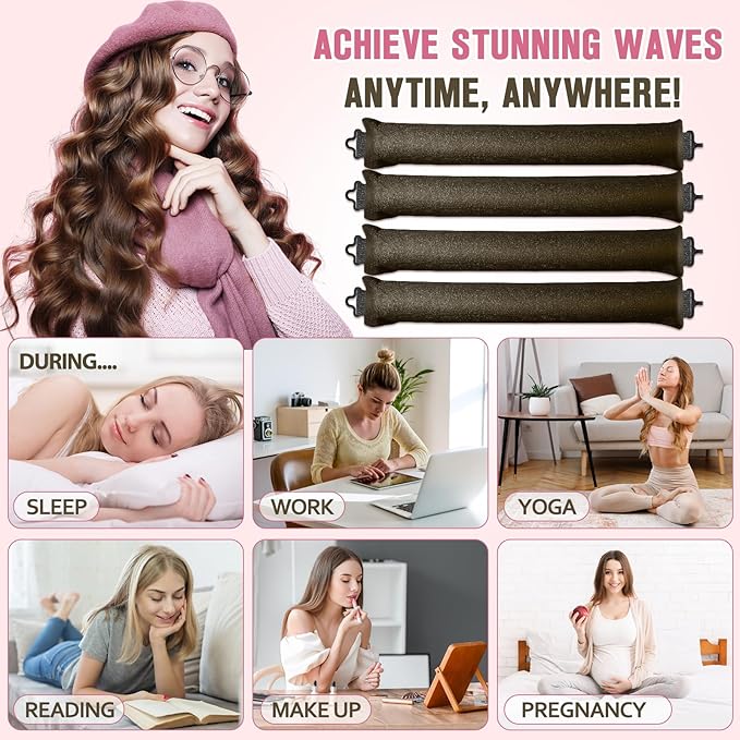 Heatless Curls Overnight, 4 Pcs No Heat Curling Blowout Rod, Satin Blowout Look Heatless Hair Rollers, Soft Flexi Rods for Big Curls to Sleep In