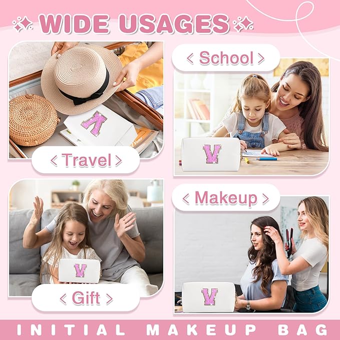 Small Initial Patch Makeup Bag Personalized Gifts Make Up Bag,White Cute PU Leather Glitter Letter Cosmetic Bag with Zipper,Trendy Portable Travel Toiletry Pouch,Preppy Stuff for Teen Girls Women V