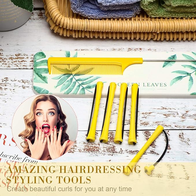 Chuangdi 24 Pcs Hair Perm Rods Plastic Cold Wave Perming Curlers Hair Rollers with Steel Pintail Comb Rat Tail Comb Tools for Hairdressing Styling(Yellow,0.28 Inches)