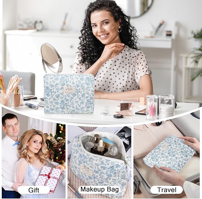 2PC Makeup Bag Set, Cute Cosmetic Bag for Women Girls, Floral Coquette Aesthetic Toiletry Bag, Travel Make Up Organizer Bag (Brown Checked)
