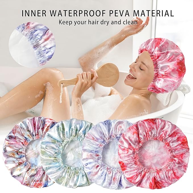 4 PCS Shower Caps for Women, Printing Bath Caps, Double Layers Shower Cap Reusable Waterproof, Bathing Shower Caps, Environmental Protection Hair Bath Hat - Flower