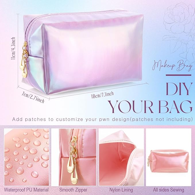 Kigeli 15 Pcs Aesthetic Makeup Bags PU Leather Cosmetic Pouches Waterproof Plain Toiletry Bags Makeup Pouches Bulk for Women Party Gift Travel Storage Organizer(Laser Color)