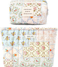 2 Pieces Floral Makeup Bag, Cute Travel Quilted Pouch Cosmetic Bag Organizer, Small Cotton Coquette Aesthetic Purse Toiletry Bag for Women Girls accessories (Blue Flower-2PCS)