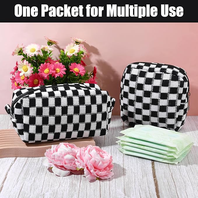 2 Pcs Sanitary Napkin Storage Bag, Zipper Checkered Sanitary Pouch Period Bags, Portable Tampon Pad Pouch Pad Bag for Women Travel Daily, Reusable Period Bag for Teen Girls for School Women Black