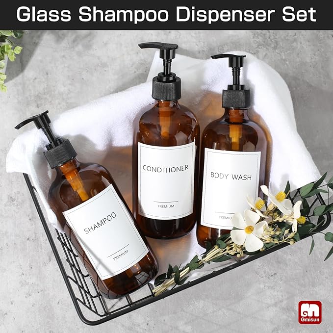 GMISUN Glass Shampoo and Conditioner Dispenser with Silicone Boot, Shower Soap Dispenser Bottles with Labels, Refillable Shampoo Conditioner Body Wash Dispensers