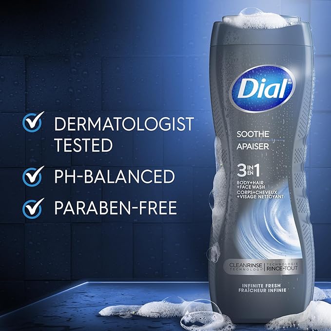 Dial Men 3 in 1 Body, Hair and Face Wash, Soothe, 16 Fl Oz, Pack of 4, Infinite Fresh Scent, Cleanses Deep + Gentle on Skin with Clean Rinse Technology