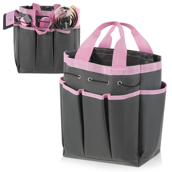 Abbylike Grooming Tote Bag for Horses and Dogs Organize Tack Tools Equestrian Grooming Kit Care Portable with Multiple Pockets for Supplies(Vintage,15 x 12 x 5.5 Inch,Grey and Pink)
