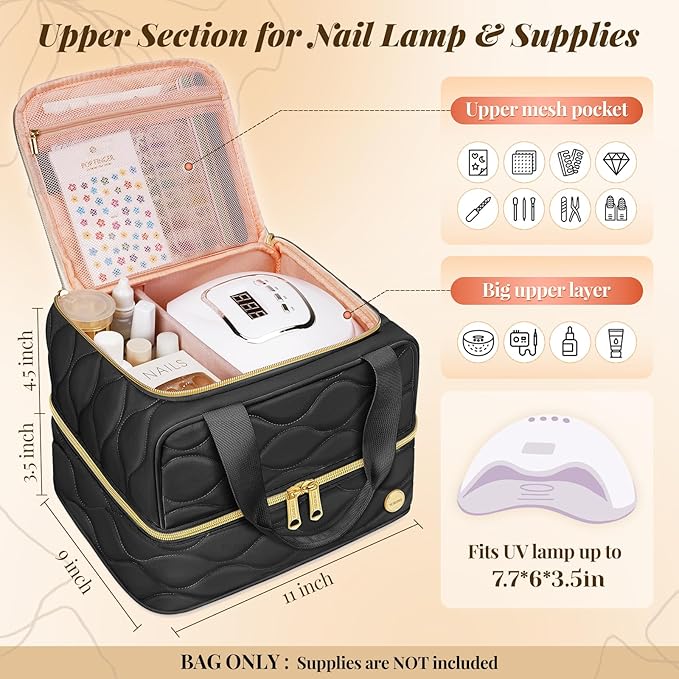 YOREPEK Nail Polish Organizer Holds 42+ Bottles (15ml/0.5 fl.oz), 2-Layer Nail Travel Case with Compartments for Nail Stuff, Nail Tech Organizers and Storage for Supplies, Gifts for Manicurist, Black