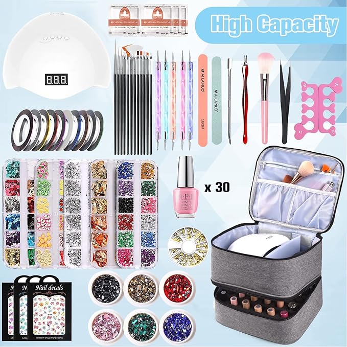 Nail Polish Organizer Holds 30 Bottles (15ml) and 1 Nail Light Nail Polish Carrying Case with Storage Pockets for Manicure Tools Double Layer Nail Polish Storage Travel Bag with Handle (A-Gray)