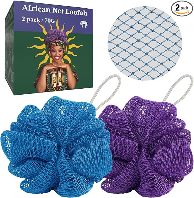 Loofah Bath Sponge, 2 Pack African Net Sponge Authentic, Exfoliating Shower Loofah Body Scrubber for Men and Women, Mesh Shower Pouf Balls for Body Wash