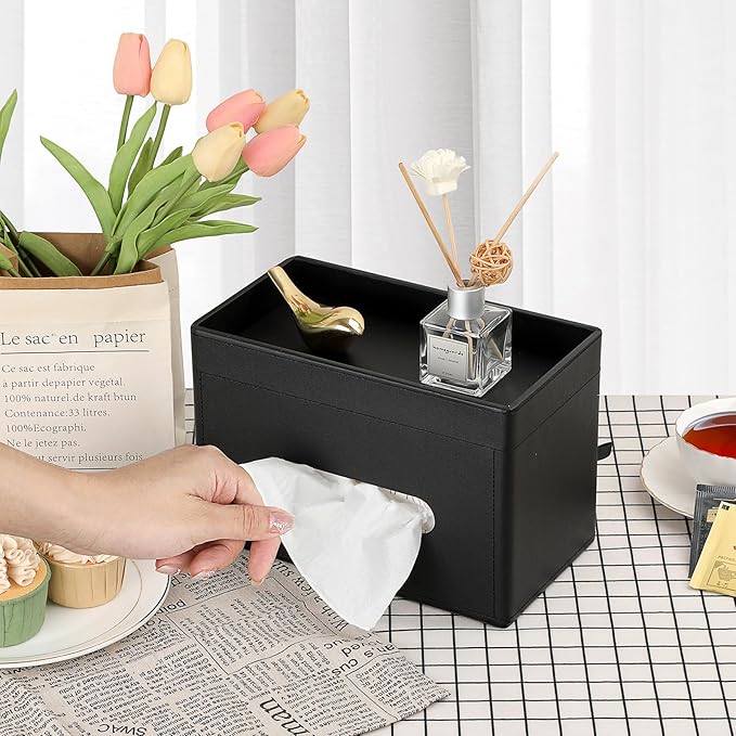 Sumnacon Tissue Box Cover with Storage Tray, Decorative Rectangular Tissue Holder PU Leather Facial Tissues Organizer Stylish Modern Tissue Dispenser for Bathroom Toilet Tank Vanity Dresser Table