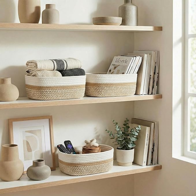 Beautiful Storage Basket Set of 3 - Sturdy Cotton Rope Baskets for Shelves Are Perfect for Organizing Your Home - Quality Storage Bins Easily Fit With Any Nursery or Bedroom Decor