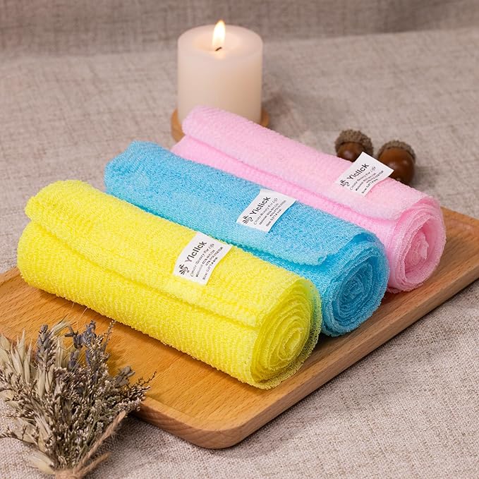 Yiclick Exfoliating Washcloth Towel, Japanese Exfoliating Wash Cloth, Korean Body Scrubber Exfoliator, Back Scrubber Washer for Shower Bath, Body Scrub African Net Sponge Loofah Luffa Colors