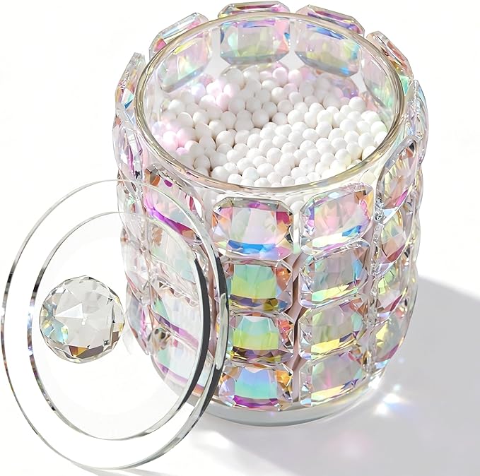Bathroom Organizers and Storage, Crystal Qtip Holder, Makeup Brush Organizer, Bling Vanity Storage, Bathroom Essentials Accessories Decor for Cotton Balls, Swabs, Floss Picks, Hair Ties.Brushes