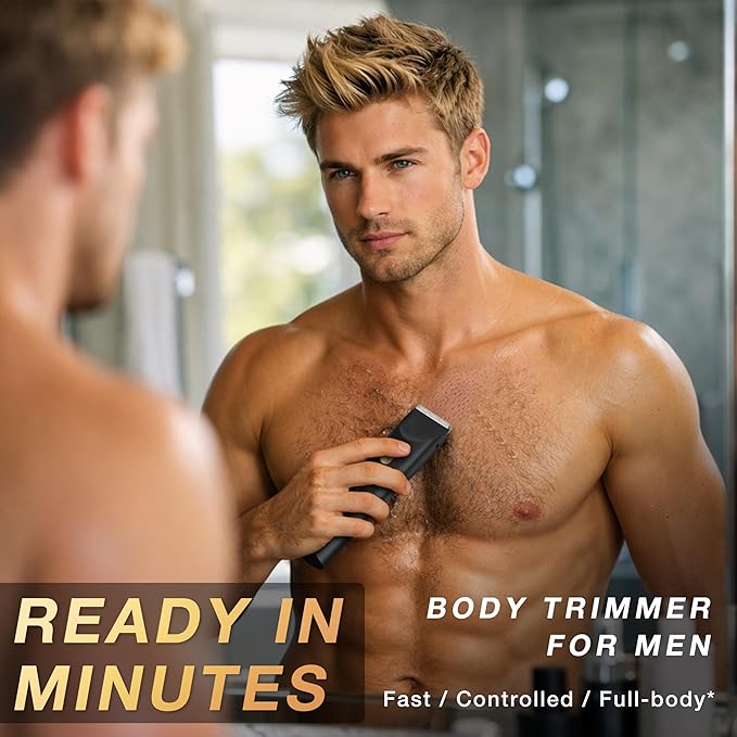 Body Trimmer for Men, Groin & Pubic Hair Trimmer, Dual-Head Electric Body Groomer for Chest, Legs, Underarms & Below-the-Waist Care, USB-C Rechargeable, Rinse-Clean, Gift for Him(Black Gold)