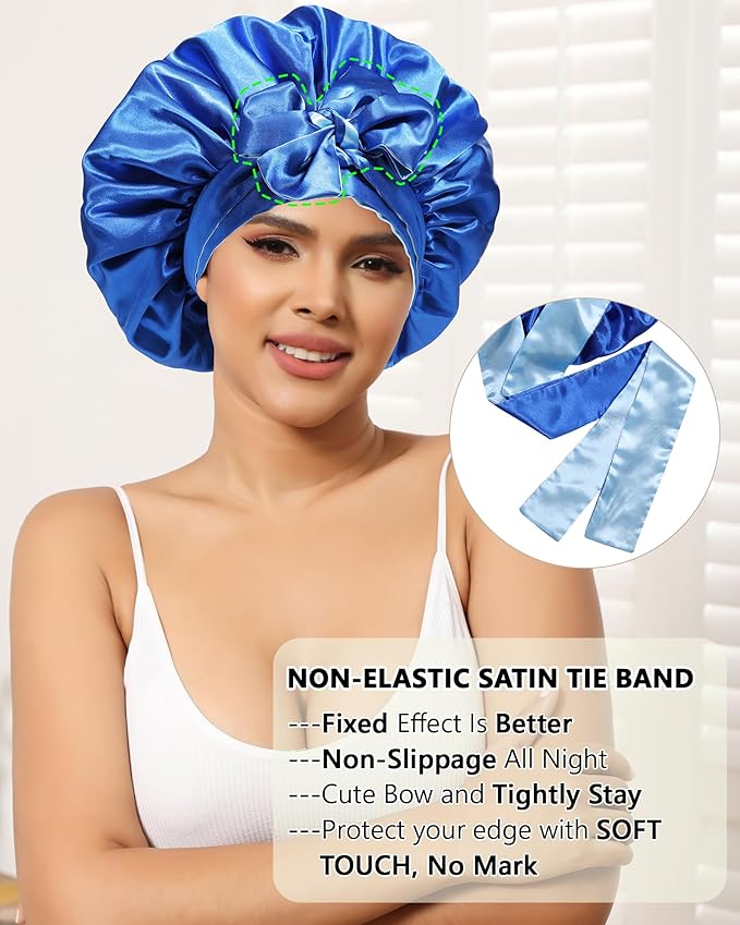 AWAYTR Satin Bonnet Silk Hair Wrap Sleeping Cap for Women with Curly Hair, Reversible Double Layer Sleep Cap with Tie Band (Blue) 7 7/8-8