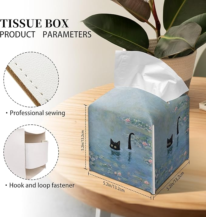 Grace Yonks Art Tissue Box Cover Square - Black Cat in Water Lilies Design 5.2" PU Leather Holder for Vanity, Desk, or Bathroom Counter - Cube Case for Facial Tissues. (123)