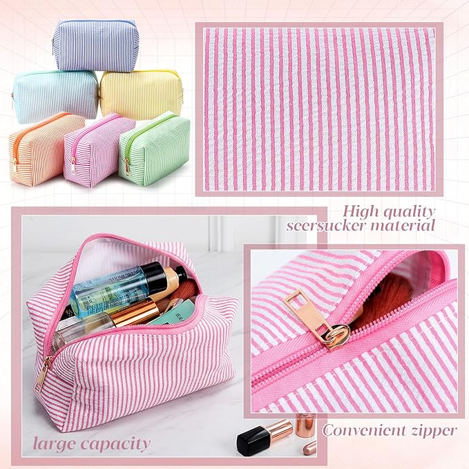 Sanwuta 6 Pcs Seersucker Cosmetic Bags Bulk Seersucker Makeup Bags Stripe Women Pouch Large Preppy Storage Pouch Toiletry Travel Organizer for Wedding Bridesmaid Bride Favor Mom Gift (Rainbow)