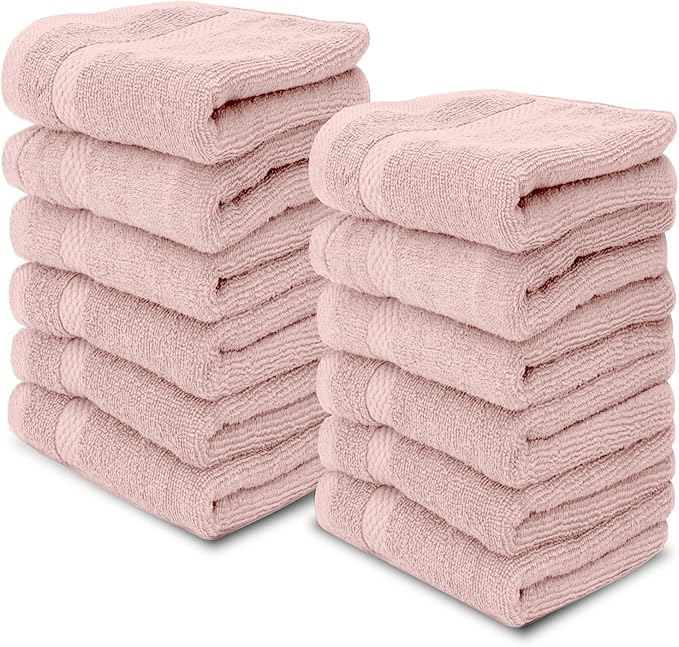White Classic Luxury Cotton Washcloths 13x13 Inch - 650 GSM Turkish Cotton | Hotel, Spa, Bathroom Face Towel | 12 Pack, Pink