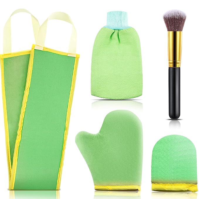 Boao 5 Pieces Self Tanning Mitt Applicator Kit, Includes Tanning Mitt, Exfoliating Glove, Mini Face Glove, Back Lotion Applicator, and Large Brush Makeup(Green)