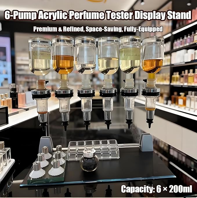 Professional Manual Perfume Dispenser, Liquid Filling Machine Transfer Tools,Manual Dispenser Set, Adjustable Pump Heads & Testing Cups for Shops & Lab & Bars(6 Heads)
