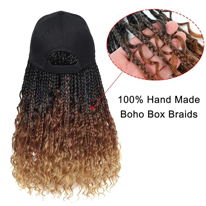 GUOJIAN Goddess Box Braids Baseball Cap Wig Bohemian Curly Ends Box Braiding Hat with Crochet Hair Extensions for Black White Women Synthetic Braids Hat Wig with Hair Attached (16inch, T1B/30/27)