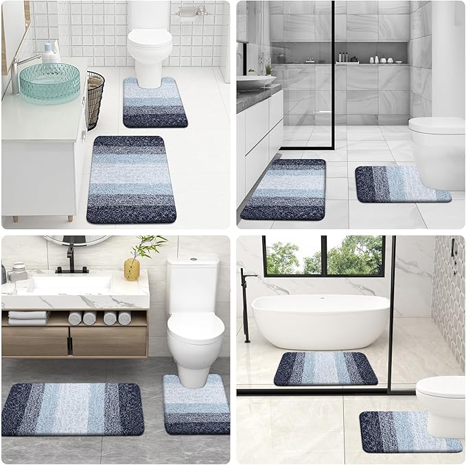 OLANLY Bathroom Rugs Sets 3 Piece, Soft Absorbent Microfiber Bath Mats and U-Shaped Contour Toilet Rug, Plush Shaggy Bath Mat Set for Bathroom (47"x20"+24"x16"+24"x20", Dark Blue)