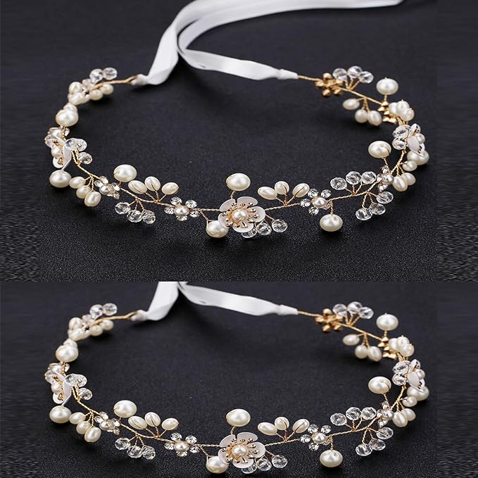 Hairband, Gold 2PCS, Wedding Hair Accessory for Flower Girls, Princess Headpiece, Pearl Headband, Women Headbands