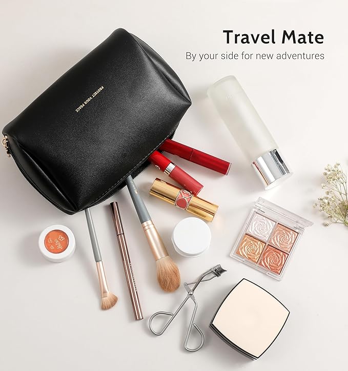 Aveniee Travel Makeup Bag Small, Vegan Leather Cosmetic Pouch for Purse, Wide-open Toiletry Organizer with Dividers & Zipper for Women-Black
