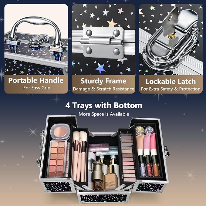 FRENESSA Makeup Train Case 8.85 Inch Portable Makeup Case Organizer Cosmetic Box Make Up Box Makeup Organizer Cosmetic Storage Cases with Locking Nail Kit Organizer Small Travel Case Shiny Star