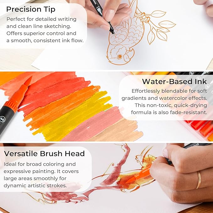 Orange Duo Tip Marker Pens, 12 Pack Fine & Brush Markers for Adult Coloring Books No Bleeding, Sunset Orange Markers for Autumn Scenes, Citrus Fruits, Vibrant Fills and Energetic Artworks