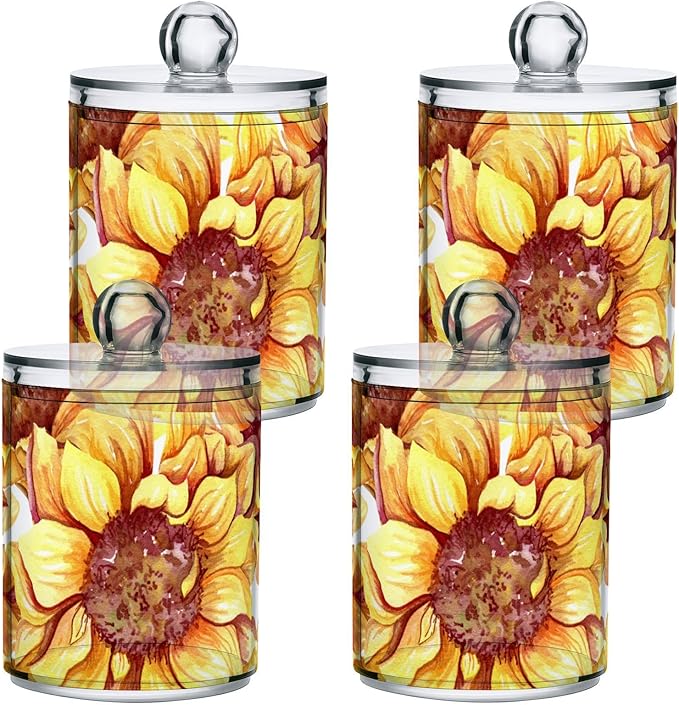 2 Pack Qtip Holder Dispenser for Cotton Ball Sunflowers Floral Cotton Swab Round Pads Clear Plastic Acrylic Jar Set Bathroom Canister