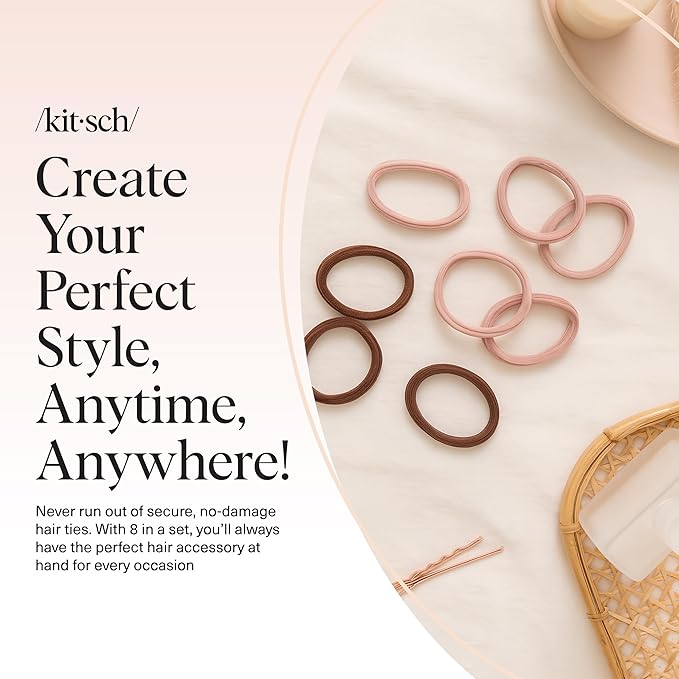 Kitsch Seamless Hair Ties No Damage - Stretchable Hair Bands for Strong All-Day Hold, Ponytail Holders | Hair Accessories for Girls | Ideal Gifts for Women - Rosewood 8 Pcs