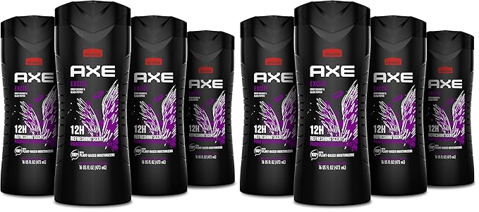 AXE Body Wash 12h Refreshing Scent Excite Crisp Coconut & Black Pepper Men's Body Wash with 100% Plant-Based Moisturizers 16 oz,(Pack of 8)